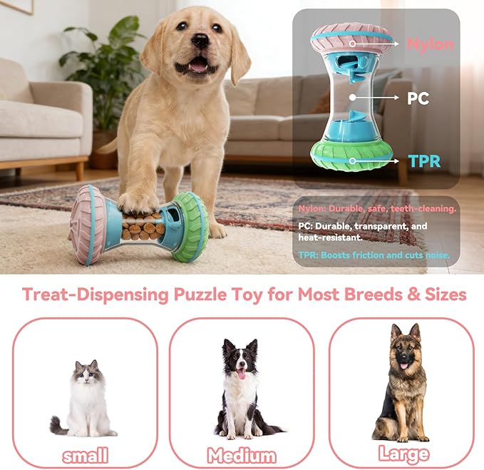 MateeyLife Interactive Dog Roller Puzzle Toy, Durable Dumbbell Dog Toys to Keep Them Busy | Adjustable Treat Dispensing Dog Toys, Slow Feeder & Silent Rolling for Apartment, Pink