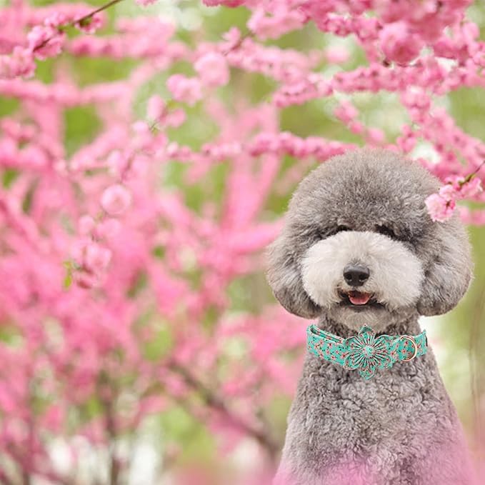 Elegant little tail Dog Collar, Spring Pet Collar with Flower Dog Durable Pink Flower Print Dog Collars Girl Pet Gift Adjustable Dog Collar for Large Dogs