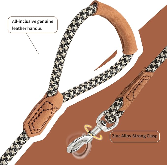 Mile High Life | Premium Leather Handle Dog Leash | Strong Rope Leash | Zinc Alloy Strong Clasp | Small Medium Large Dogs | 4/5/6 Feet(Black Khaki, 72 Inch (Pack of 1))