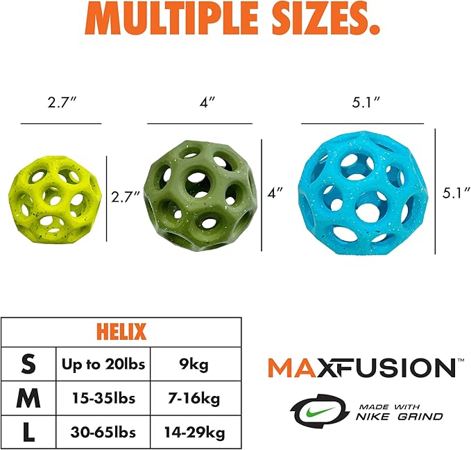 Max Fusion Made with Nike Grind, Arlee Helix Dog Toy, Ball Toys for for All Dogs, Durable & Natural Rubber Chew Toy for Play, Fetch & Chewing, Blue, Large, 1 Count