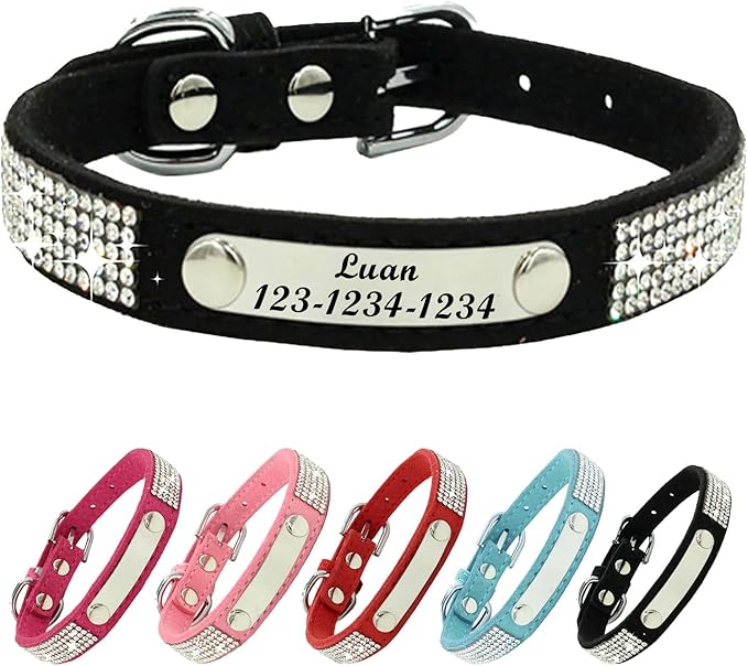 Personalized Dog Collar with Rhinestone Name Tag - Glitter Polyester Collar Adjustable [Black,XS]