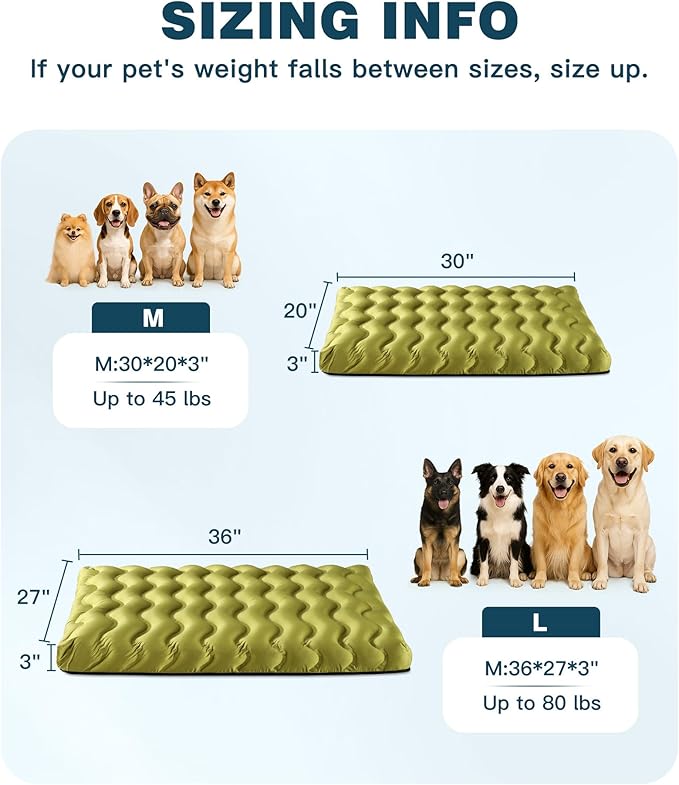 Orthopedic Dog Bed Outdoor Waterproof Dogs Crate Bed for Large Medium Small Dogs, Washable Cooling Dog Bed Mat with Removeable Cover & Memory Foam（30" x 20", Green