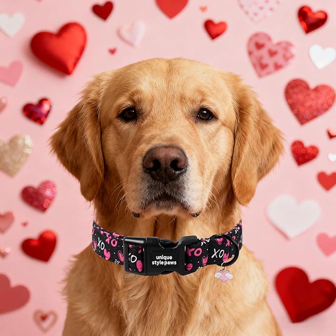 Unique Style Paws Valentine Dog Collar Plastic Buckle with Pendant BlackBerry Love Heart Cotton Puppy Collars for Small Medium Large Dogs