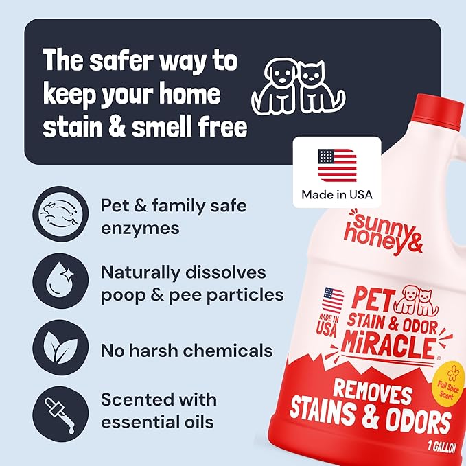 Sunny & Honey Pet Stain & Odor Miracle - For New and Old Stains - Enzyme Cleaner & Surface Odor Eliminator - Fast Acting Carpet Cleaner Spray - Enzymatic Cleaner for Dog Urine (128 fl oz, Fall Spice)