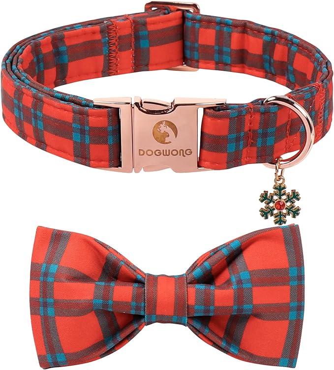 DOGWONG Christmas Dog Collar with Bow Tie, Red Green Plaid Dog Collar Durable Metal Buckle Adjustable Soft & Cute Red Checkered Dogs Collars for Small Medium Large Dogs, XS