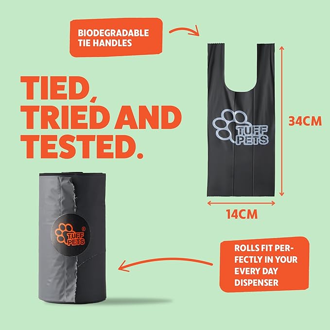 Tuff Pets Certified Compostable Heavy Duty Dog Poop Bag With Handles - 12 Rolls of Pet Waste Bags - Fits in any Dogs Poo Bag Dispenser or Holder - Thick Dog Poop Bags