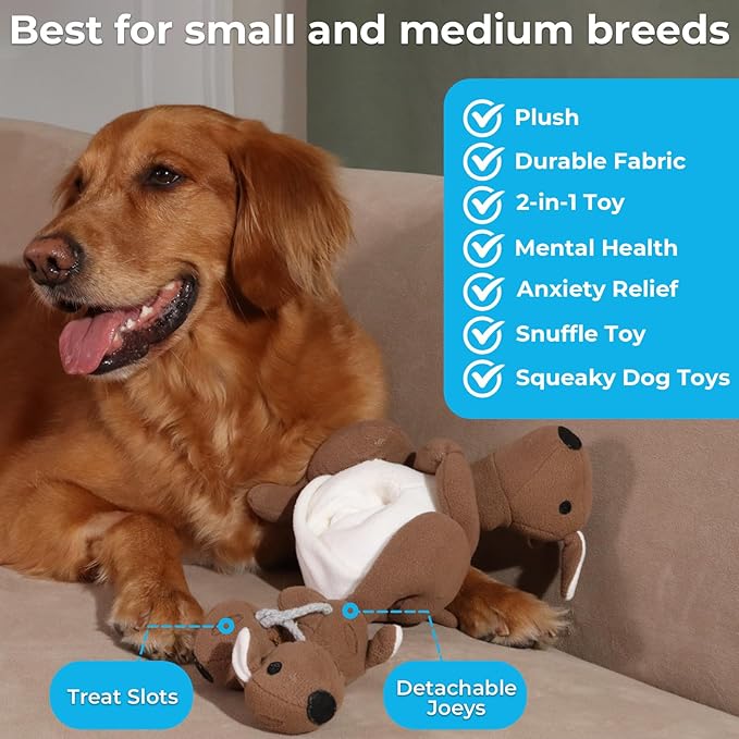 Dog Toys Plush with Squeaky & Treat Hiding Features - Mental Stimulation Enrichment Toy for Large Breed Dogs - Machine Washable Slow Feeder to Keep Dogs Busy，Joey Pouch