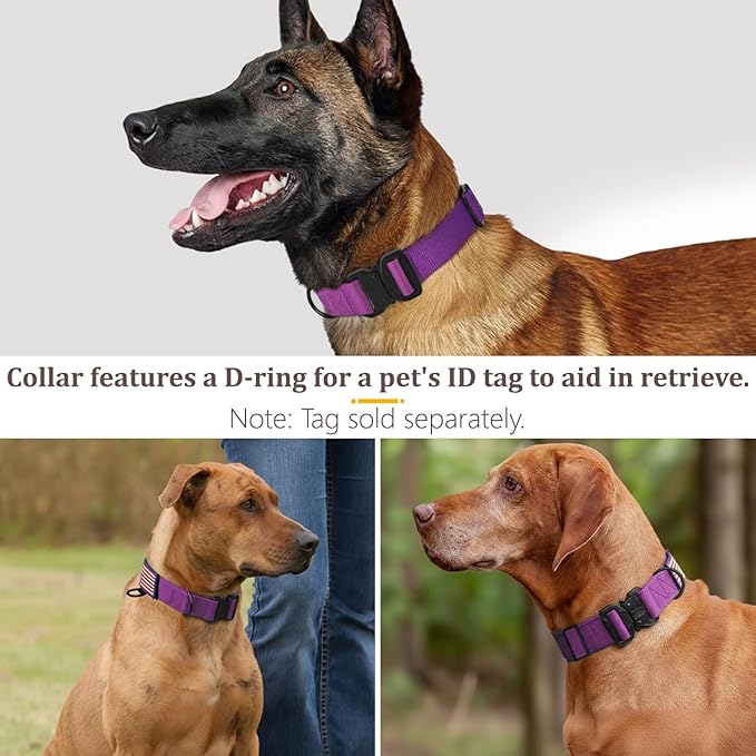 Heavy Duty Tactical Dog Collar Adjustable Nylon Pet Collars Quick Release Buckle with 2 D-Rings Patch for Medium, Large Dogs (Purple, Size L)