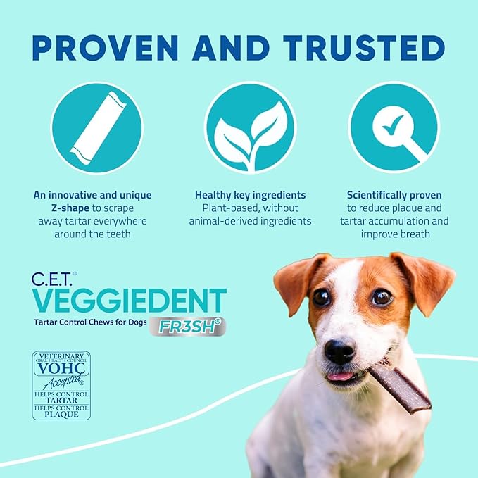 Virbac C.E.T.® VEGGIEDENT® FR3SH® Tartar Control Chews for Dogs with digestive health support, VOHC Approved, Medium 22-66lbs