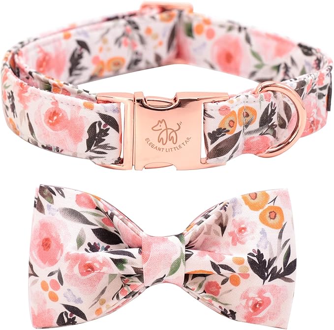 Elegant little tail Pink Floral Dog Collar, Girl Dog Collar with Bow Adjustable Soft Bow tie Dog Collars for X-Small Dogs and Cats