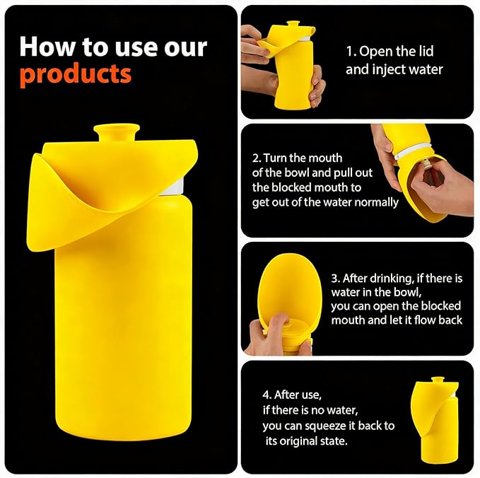 Portable Dog Water Bottle, 2-in-1 Leak Proof & Collapsible Silicone Pet Dispenser with Built-in Bowl, Food Grade Travel Cup for Walking, Hiking (19oz/550ml, Yellow)