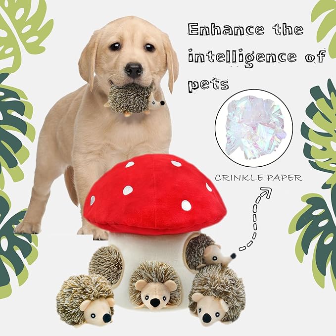Dog Hide and Seek Toys Puppy Chew Squeaky Toys Plush Mushroom&Bamboo&Shell Hideout Stuffing with Squeakers Animals (Mushroom Hideout with 5 Hedgehog Brown)