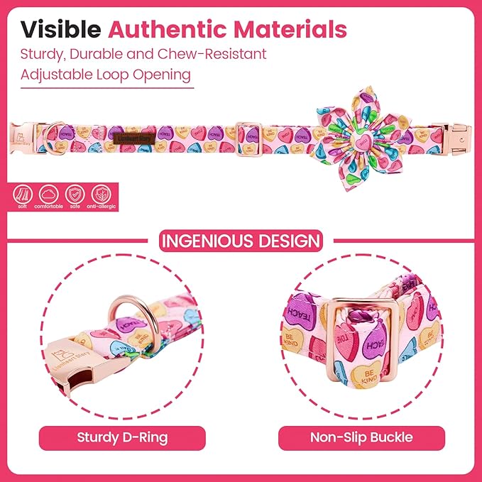 Lionheart glory Dog Collar with Flower - Valentine's Day Dog Collar for Large Dogs Hearts Print Collars Adjustable Sturdy with Flower Spring Cute Collars Male Female Dogs