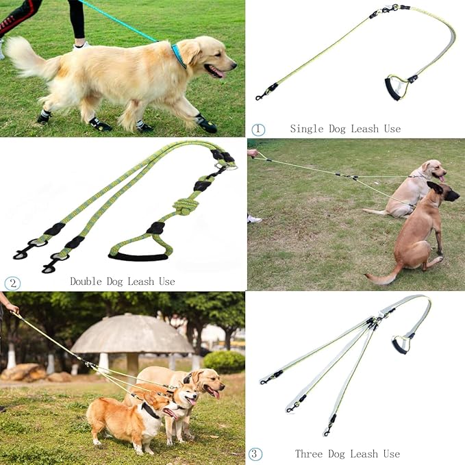 3 Dog Leash - Padded Handle, 360° Swivel Multiple Dog Leash No Tangle, Lead for Medium Large Dogs, Walking & Training Double Dogs (Green Blue)