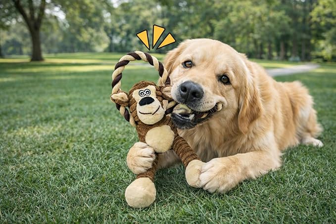 Durable Monkey Dog Toy, Plush Squeaky Stuffed Dog Toy with Rope, Interactive Chew Toy for Teething Puppies and Small, Medium & Large Dogs