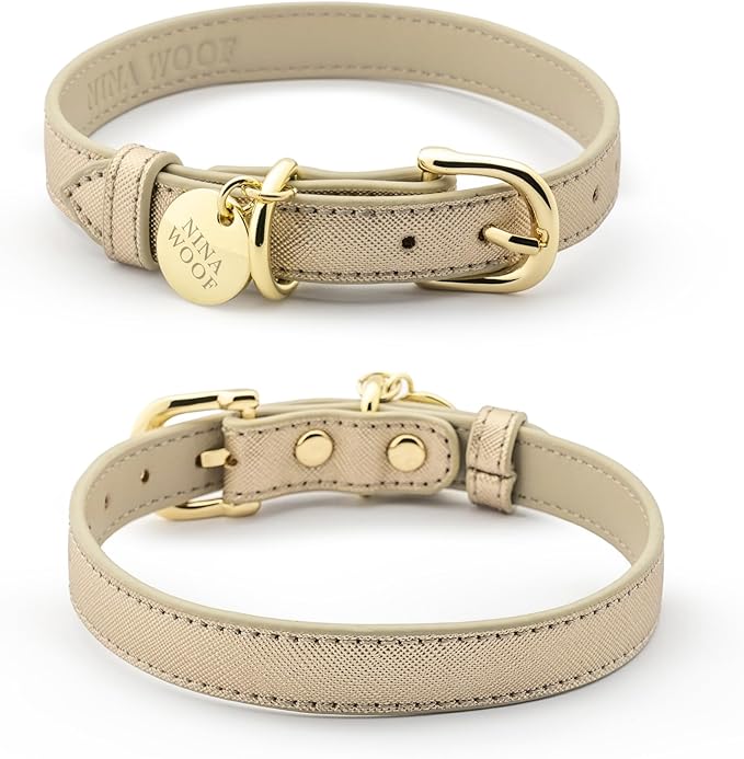 Rio Dog Collar Saffiano Vegan Leather Color Gold Size M