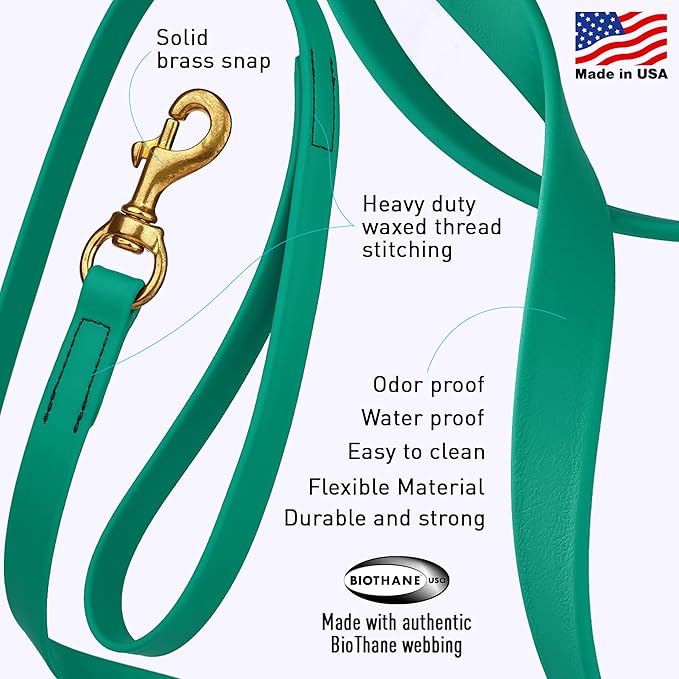 Viper Biothane K9 Working Dog Leash Waterproof Lead for Tracking Training Schutzhund Odor-Proof Long Line with Solid Brass Snap for Puppy Medium and Large Dogs, 15ft Teal
