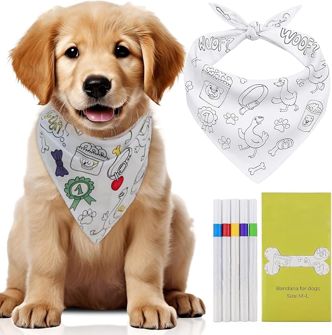 Customizable Dog Bandanas with 4 Fabric Markers - DIY Washable Scarf for Extra Small to Small Breeds Dogs & Puppies | Personalized Pet Handkerchief, Gift for Boys & Girls