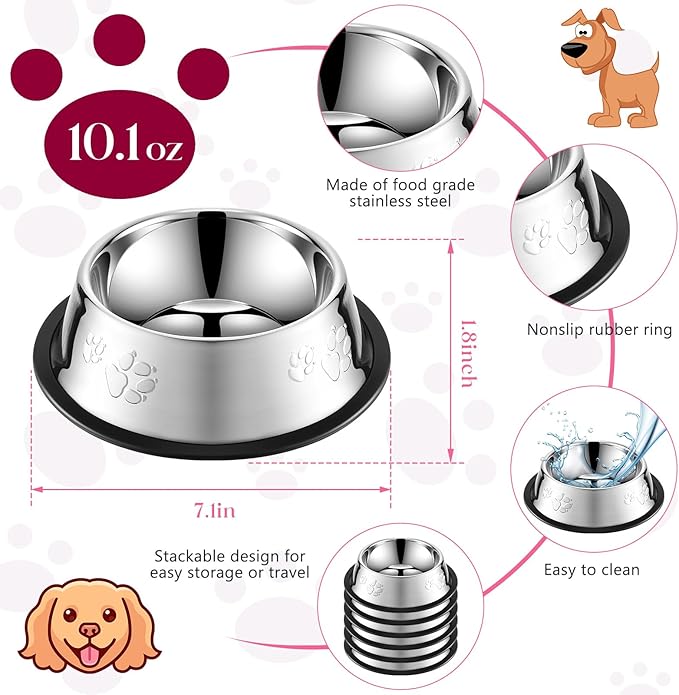 Tanlade 8 Pack Stainless Steel Dog Bowls Metal with Rubber Base Non-Slip Pets Puppy Cats Feeding Food and Water Bowls Dishwasher-Safe for Indoor Small Medium Large Dogs Cats Kitten Rabbit(10.1 oz)