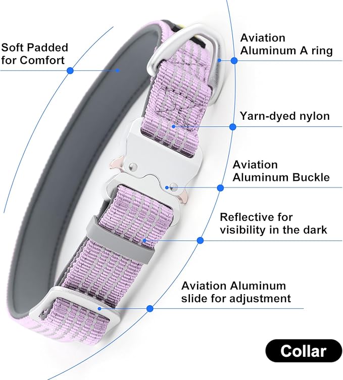 Plutus Pet Reflective Dog Collar with Aviation Aluminum Buckle, Neoprene Padded for Comfort, Lightweight, Heavy Duty Nylon Collar for Puppy Small Medium Large Dogs (Lilac Purple, XL)