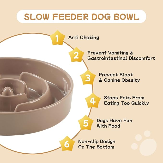 Ceramic 0.9 Cup Raised Slow Feeder Dog Bowl Set, Elevated 6.1inch Water Bowl and 6.1inch Slow Dish with Wooden Stand for Small Dogs(2 x Brown Coffee+ Stand)