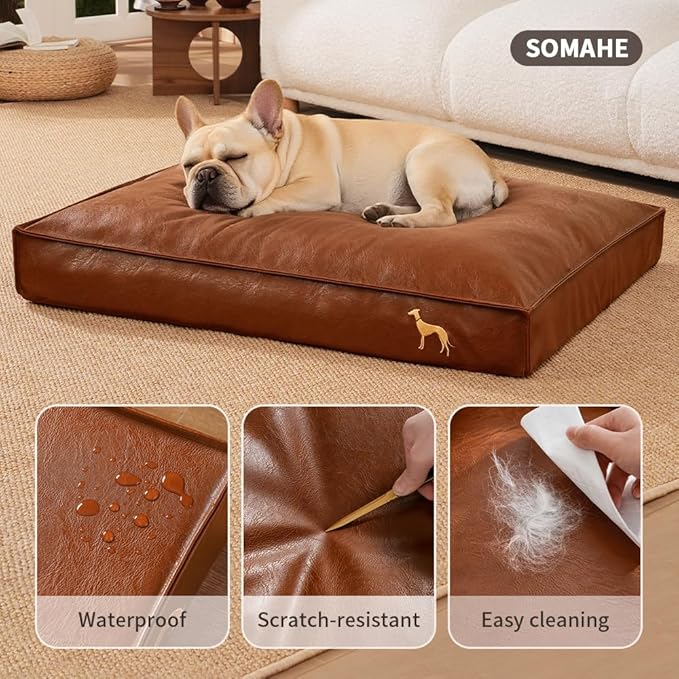 Dog Bed Medium Size Dog Orthopedic Beds for Small Dogs with Removable Washable PU Leather Cover Waterproof Brown 27.5×19.6×4inch