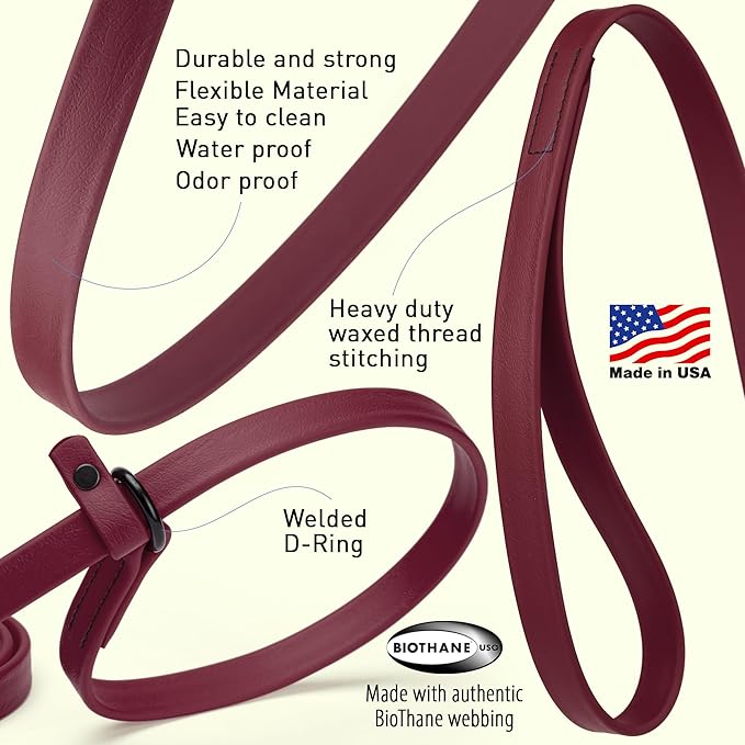 Dogline Biothane Slip Dog Leash - for Small, Medium and Large Dogs - Odor Free Slip Lead, Heavy Duty and Durable Material Kennel Lead - Merlot Burgundy - 5ft L x 3/8in W