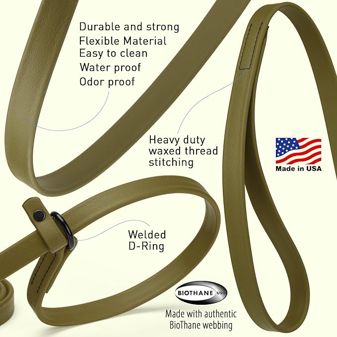 Dogline Biothane Slip Dog Leash - for Small, Medium and Large Dogs - Odor Free Slip Lead, Heavy Duty and Durable Material Kennel Lead - Olive Drab Green - 5ft L x 5/8in W