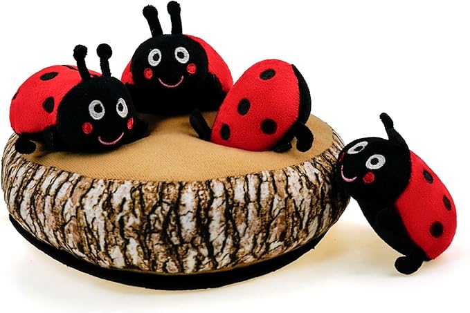 Dog Hide and Seek Toys Puppy Chew Squeaky Toys Plush Mushroom&Bamboo&Shell Hideout Stuffing with Squeakers Animals (Trunk Hideout with 4 Ladybirds)