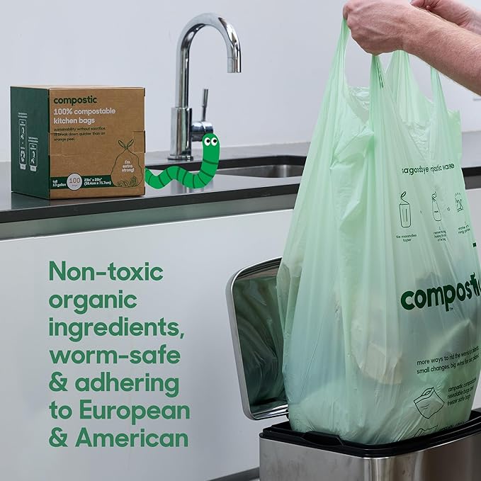 Compostic Home Compostable Trash Bags, 2.99 Gallon Small Kitchen Rubbish Bags, Extra Strong & Quickly Breaks Down, 100 Count