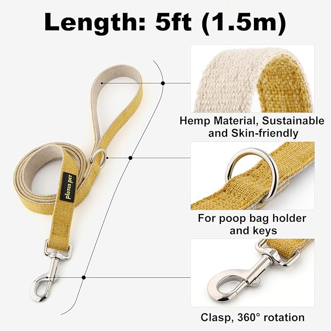 Plutus Pet Cotton Hemp Dog Collar and Leash Set, Adjustable Collar for Small, Medium, and Large Dogs, Heavy Duty and Soft on Skin, Yellow, XS
