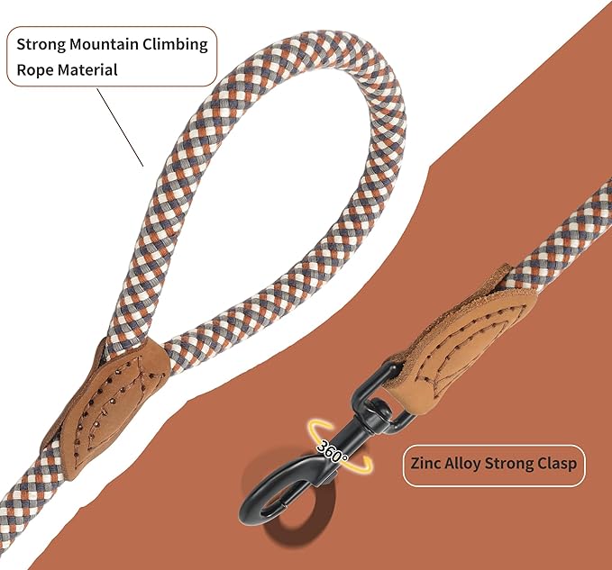 Mile High Life Rope Leash with Genuine Leather Connection, 6 FT/5 FT/4 FT, Heavy Duty Leash for Medium & Large Dogs (Brown, 72 Inch)
