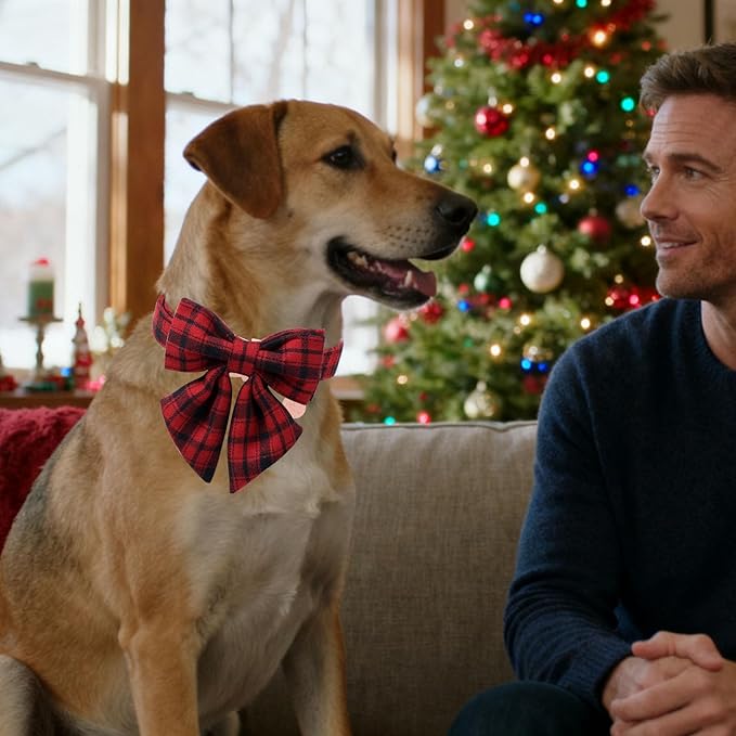 DOGWONG Christmas Dog Collar with Sailor Bow Tie, Red Plaid Dog Collar Durable Metal Buckle Adjustable Red Gingham Dogs Collars for Small Medium Large Dogs, XL