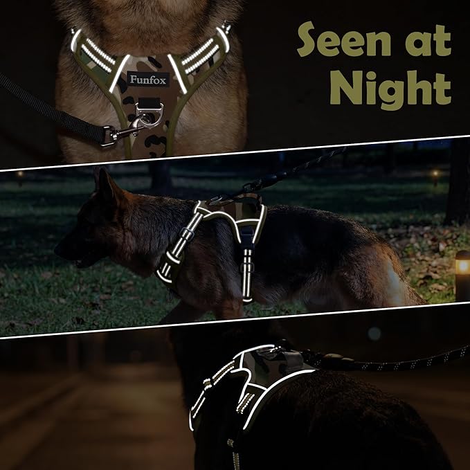 Funfox Dog Harness No Pull, Adjustable Pet Vest Harness, Super Soft Material with Vertical Handle Easy Control, Reflective Night Walking, 2 Leash Clips for Medium Sized Dogs, Camo Green, M