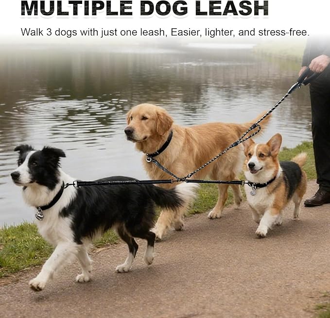 No Tangle Leash for 3 Dogs, 3-in-1 Leash with 360° Swivel & Shock Absorbing Bungee, Padded Handle No Tangle Walking Lead for Large Medium Small Dog