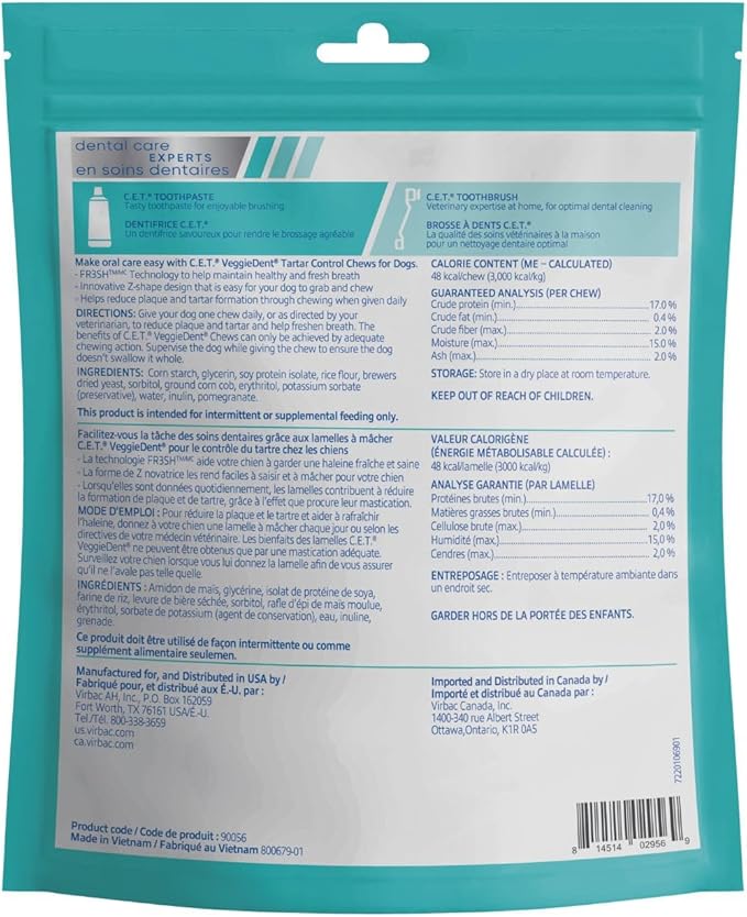 Virbac C.E.T. VEGGIEDENT FR3SH Tartar Control Chews for Dogs with digestive health support, VOHC Approved, Small 11-22lbs