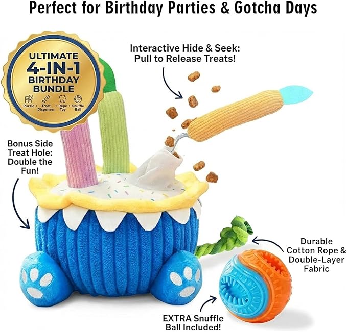 4-in-1 Dog Birthday Cake Toy, Interactive Snuffle Puzzle, Funny Dog Toys—Plush Squeaky Treat Dispenser with Cotton Rope, Hide ＆ Seek Enrichment Toy for Small/Medium/Large Dogs, Gotcha Day Party Gift