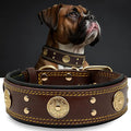 Leather Dog Collar, 2 inches Wide Heavy Duty Genuine Leather Collars, Handmade, Soft, and Luxury, Eye-catching Best Choice for Large and Medium Breed Dogs,Brown-Gold 18.5-22.5 in