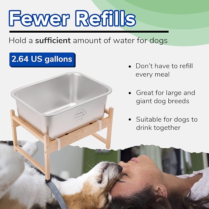 PEDAY 2.64 Gallon Raise Dog Water Bowl, Human Grade 18/8 Stainless Steel