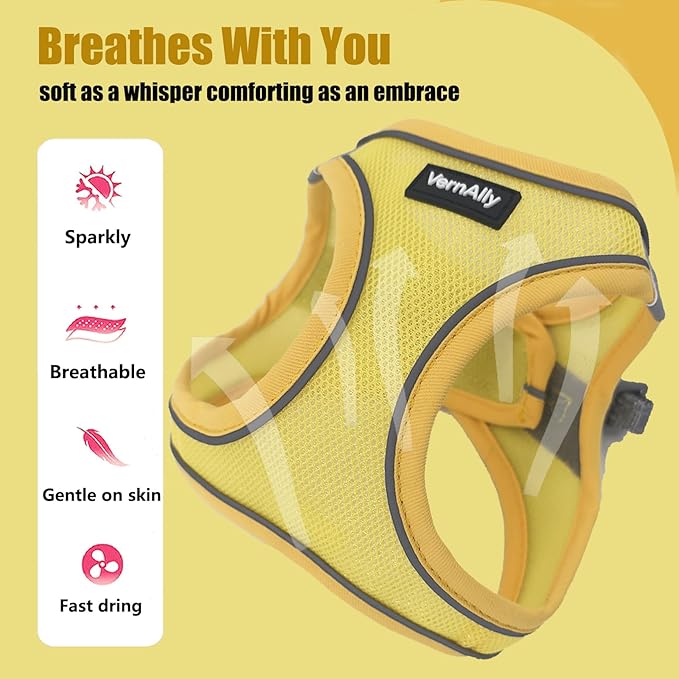 Sparkly Dog Harness Small Sized and Leash Set for Small Dogs Cats,Yellow S Puppy Harness, Step in Soft Dog Reflective Vest, Breathable Mesh Pet Harness. (Yellow, S)