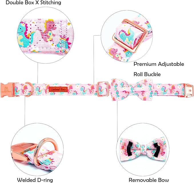 Lionheart glory Dog Bow Collar Dinosaurs Pattern Cute Collars for Large Dogs,Soft Duty Adjustable Dog Collar with Bowtie Spring Summer Puppy Collars Bows Pet Gift