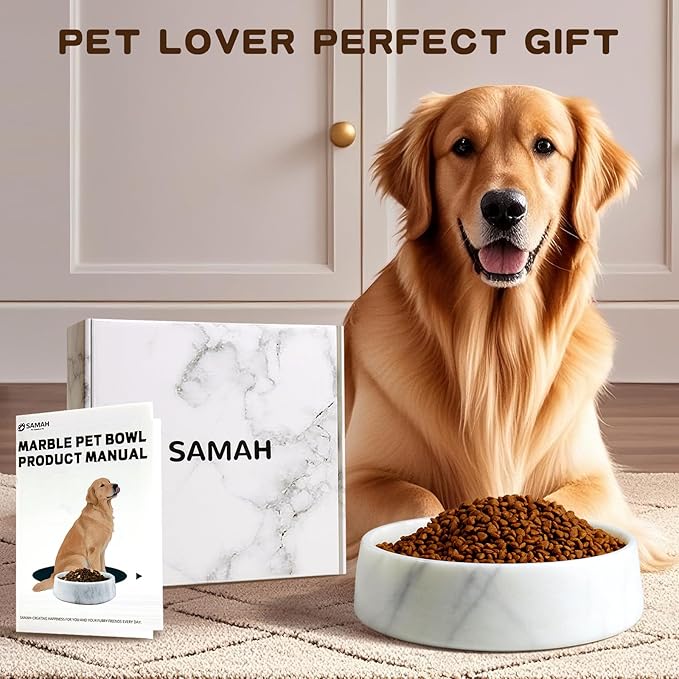 White Marble Dog Bowl, Non-Slip Non-Tipping Heavy Dog Food Bowl, Large Weighted Stone Dish, Natural Marble Pet Water Bowl, Easy to Clean, Perfect Gift for Cat & Dog Lovers, Holds 6 Cups(6 lbs)