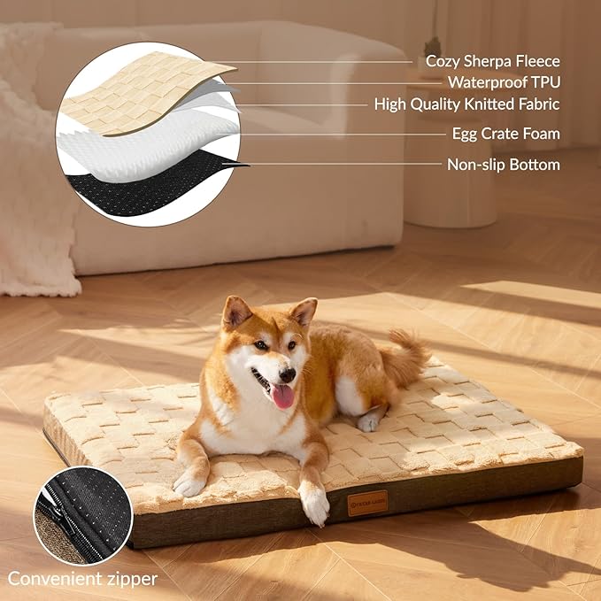 Patas Lague Orthopedic XL Dog Bed Large Sized Dog 48''X30'', Waterproof Soft Comfortable Egg Crate Foam Large Pet Beds Crate Mat with Removable Washable Cover and Nonskid Bottom, Brown