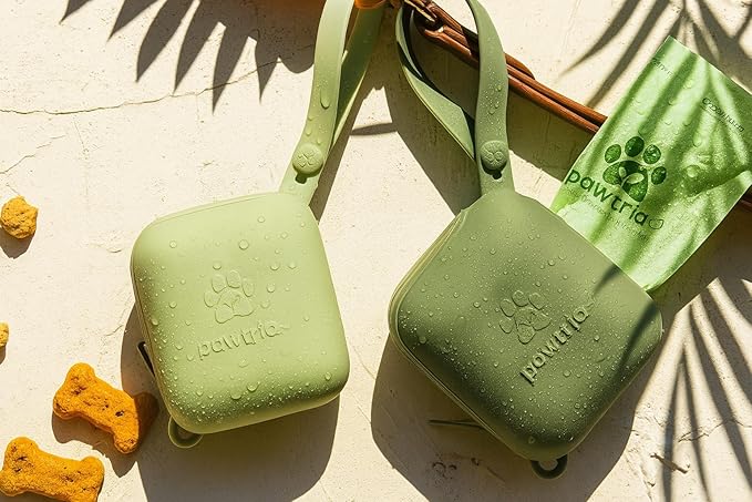 Premium Silicone Dog Walking Duo Set – BPA-Free Silicone Poop Bag Holder + Small Treat Pouch – Zero Plastic, Durable, Dishwasher Safe, with 1 Roll of Pawtria Dog Poop Bags – Green