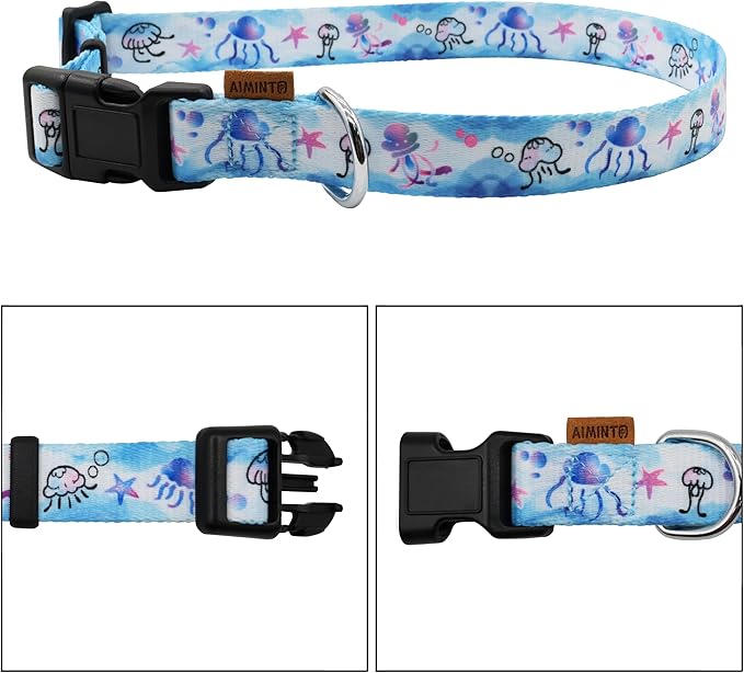 Dog Collar, Cute Jellyfish in Ocean Pattern, Soft and Adjustable Collar with Quick Release Buckle (L (Neck 16-28", Width 1"), Ocean Blue)