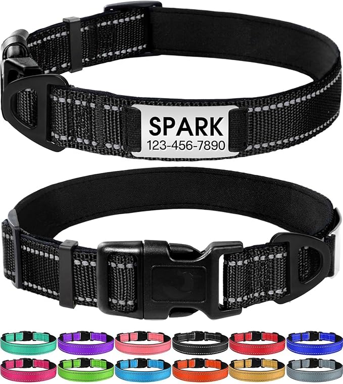 Joytale Personalized Dog Collars with Engraved Name Plate, Silent No Jingle Custom Nylon Collar with Fixed ID Tag, Reflective Soft Neoprene Padded Breathable for Small Dogs, Black