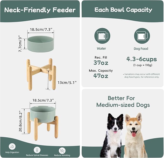Ceramic 7.3inch Raised Dog Bowl Set, Elevated with Wooden Stand, Food and Water Bowl for Medium Breed Dogs, Weighted Dog Dishes, Pet Feeder(Light Green)