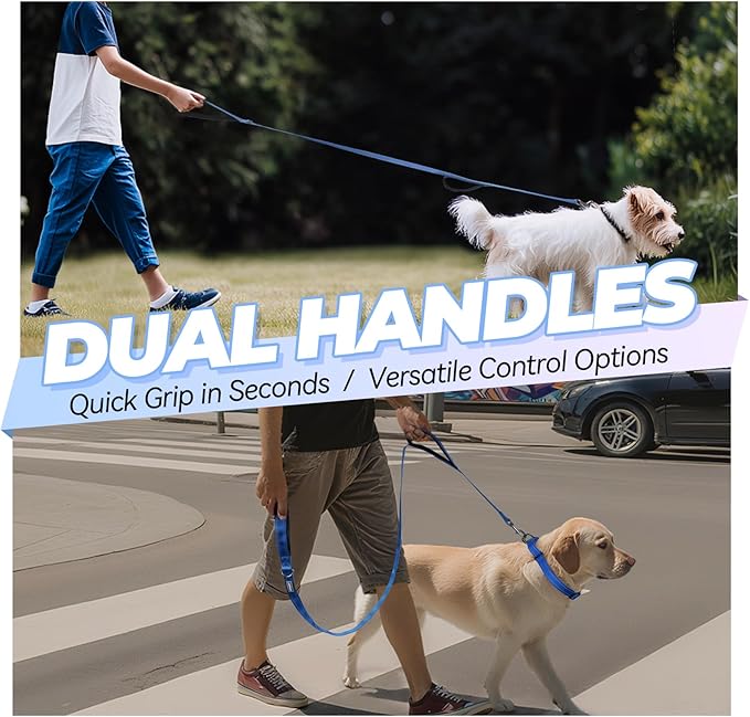VIVAGLORY Twingrip Dog Leash, Double Handle Dog Leash for Training & Walking with Traffic Handle & 2 Loop, Traffic Control Reflective Heavy Duty for Puppy Pet, 6ft x 1in, Blue