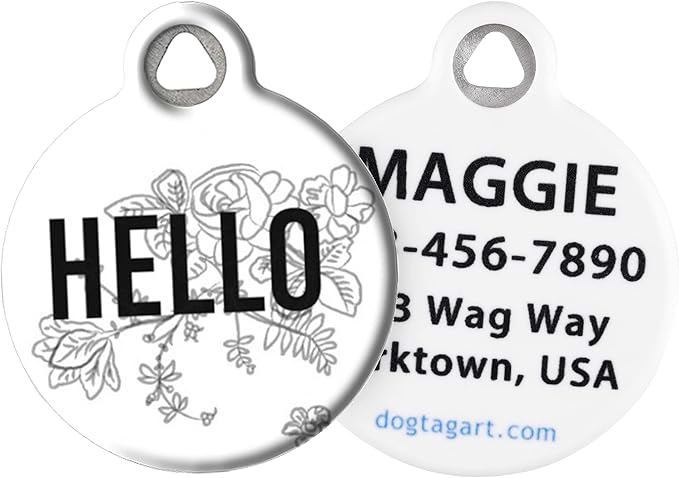 Dog Tag Art Cute Flower Custom Pet ID Tag for Dogs and Cats, Personalized Dog Tag with Customized Identification Information, Floral Hello, Small (7/8" Diameter)