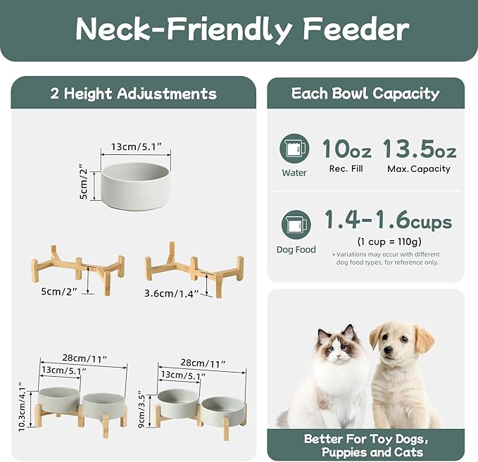 Ceramic Raised Double Bowls Set with Stand, 2 Heights Elevated, Food & Water Bowls for Small Breed Dogs, Cats, Kitty, Weighted Dog Dishes, Pet Bowls(5.1'',13.5oz, Grey)